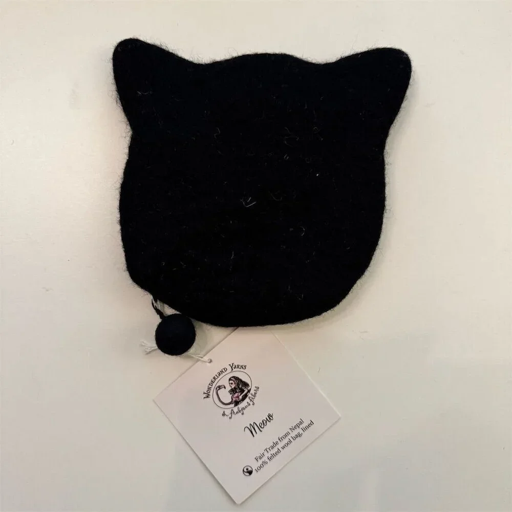 Handmade Wool Felt Black Cat Coin Purse by Wonderland Yarns